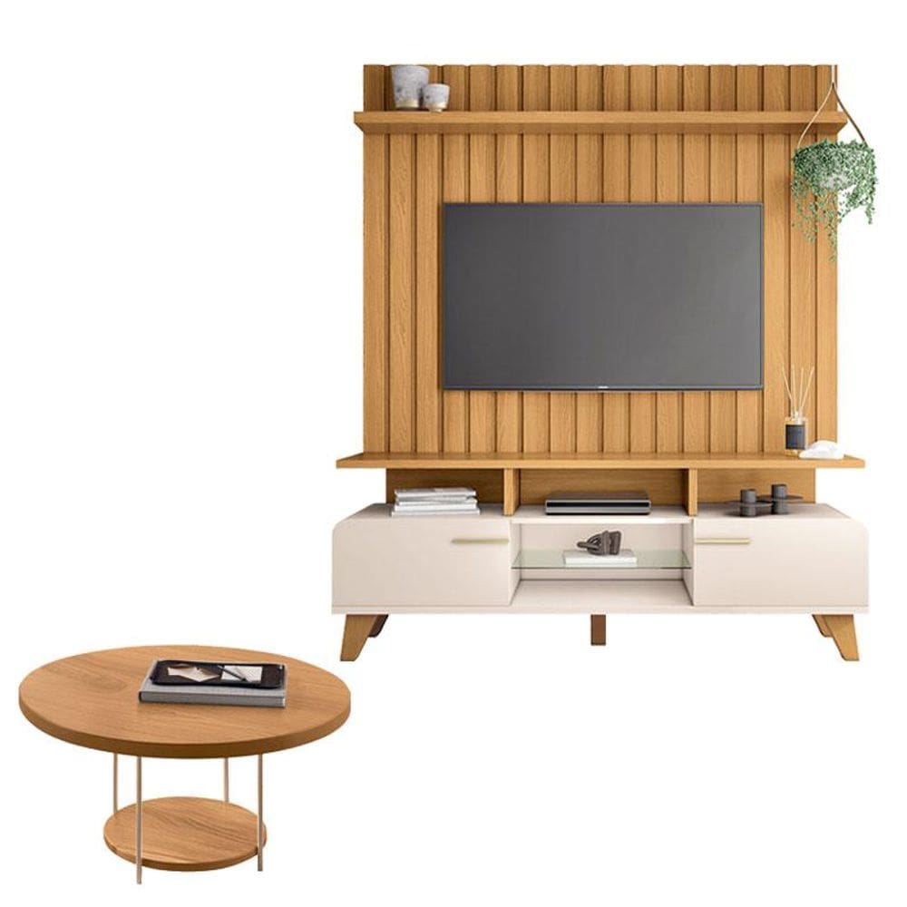 Rack Bancada Essenza e Painel Link 1.6 com Mesa de Centro Sky Off White Cinamomo – HB Móveis