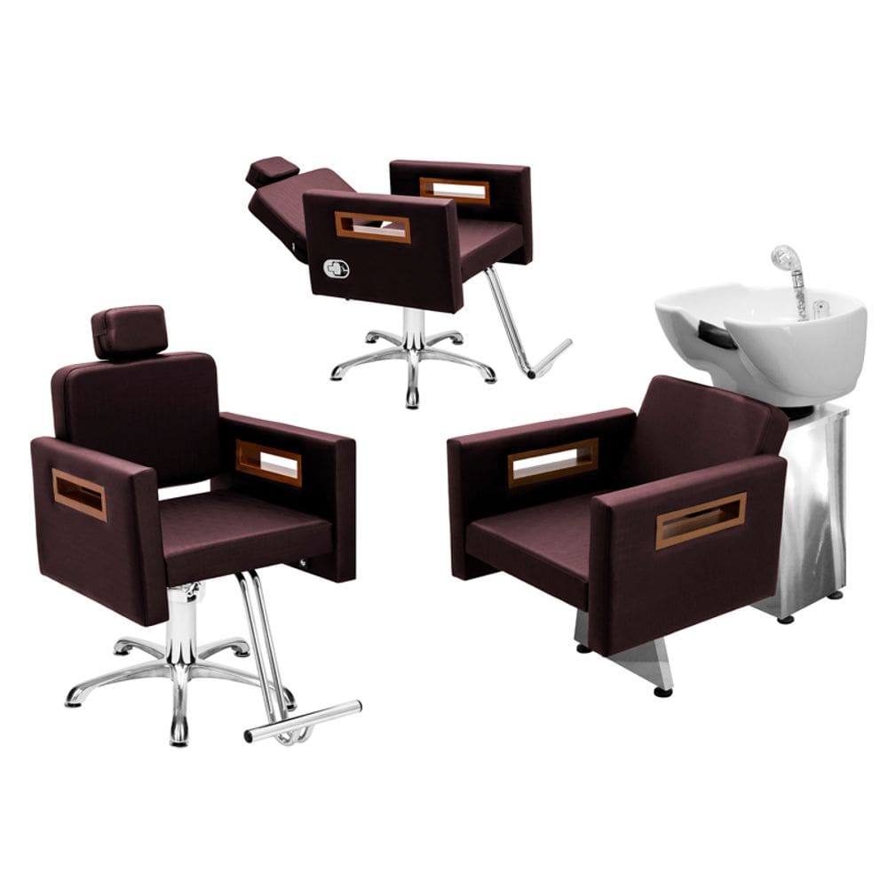 Kit Salão de Beleza 1 Cadeira Fixa + 1 Reclinável Estrela + 1 Lavatório Base Inox Tunísia