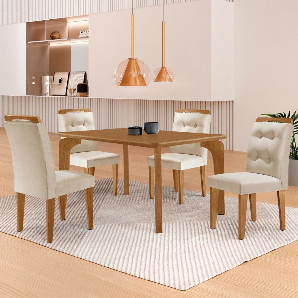 Mesa de Jantar Liz 120cm MDF Canto copo e com 4 Cadeiras Carol