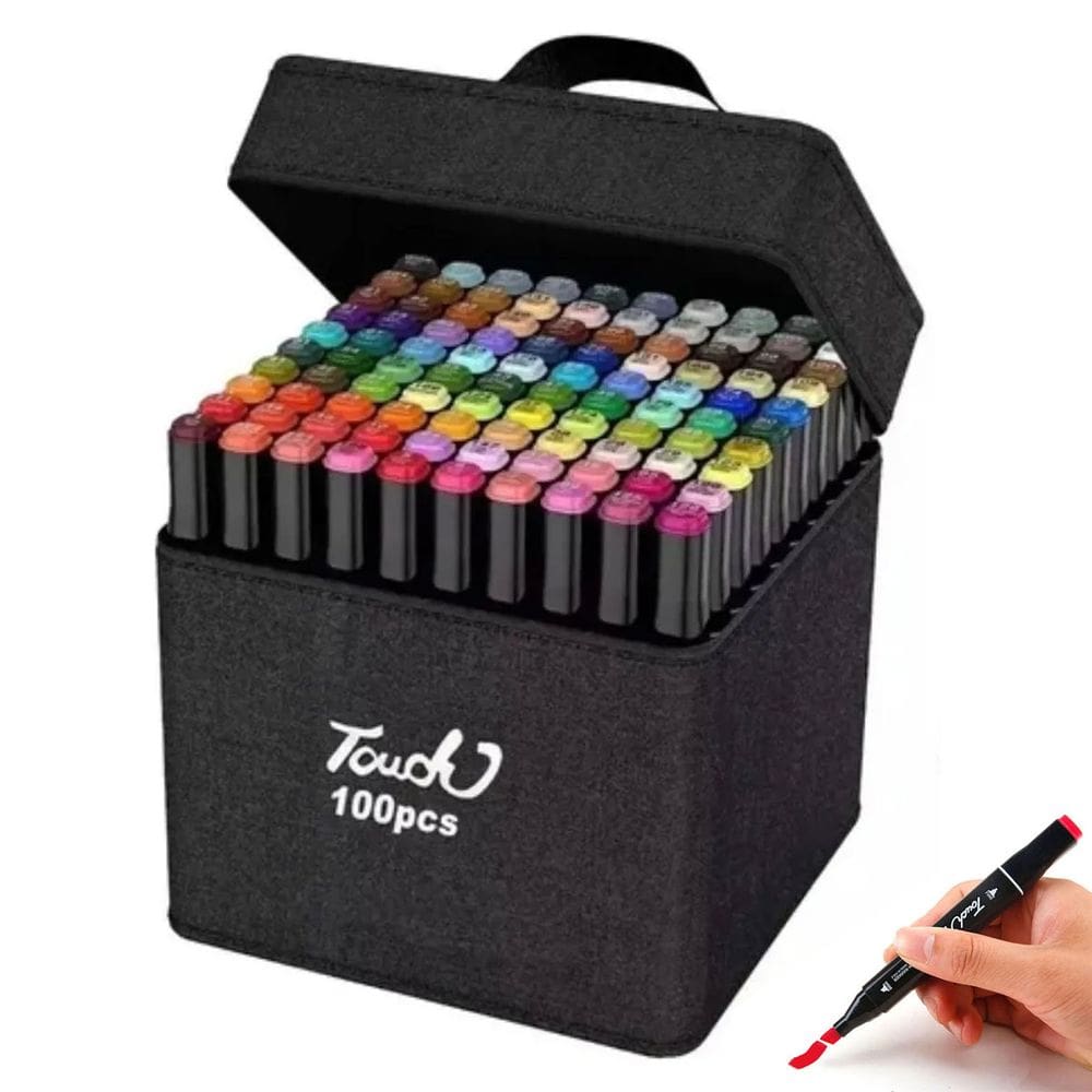 Canetinha Caneta Marcador Permanente 100 Cores Ponta Dupla Estojo Bolsa Arte Pintura Desenho Cartaz