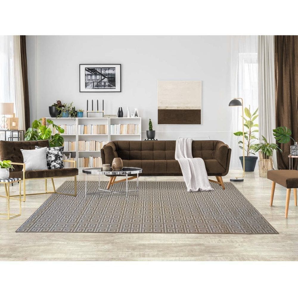 Tapete Sala Decorativo 100X150 Cm Geometrico Grego Bege