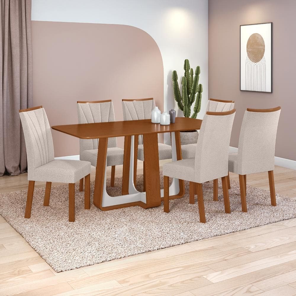 Conjunto Sala de Jantar Mesa Easy Pop 170x90cm Tampo MDF com 6 Cadeiras Confort Boucle Bege Frassino/Off White