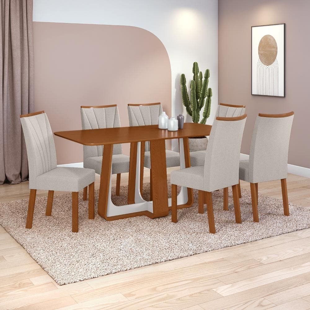 Conjunto Sala de Jantar Mesa Easy Pop 170x90cm Tampo MDF com 6 Cadeiras ConfortLinho Mosaico Cinza Frassino/Off White