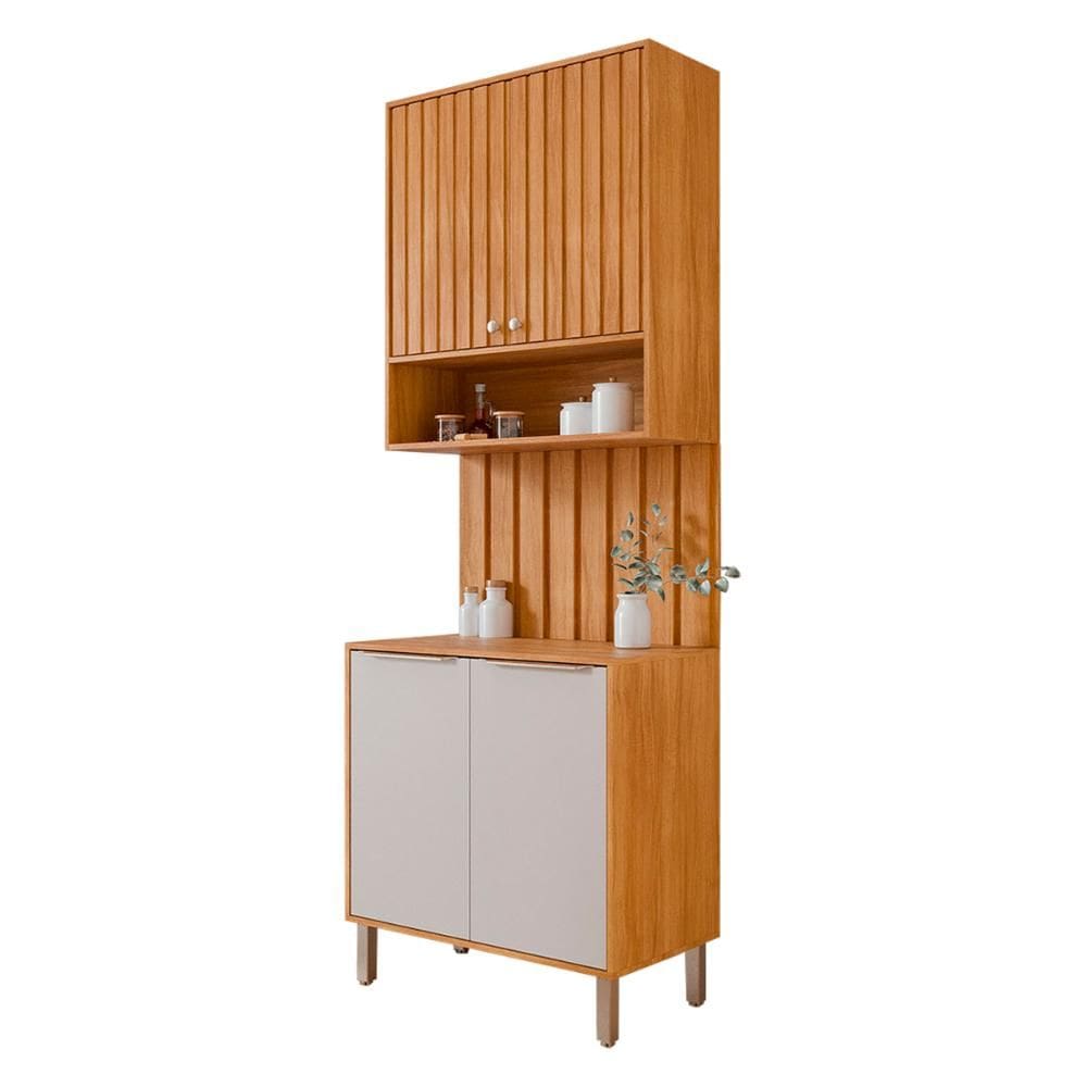 Armário Aéreo com Balcão e Painel Ripado Divina 80cm 4 Portas