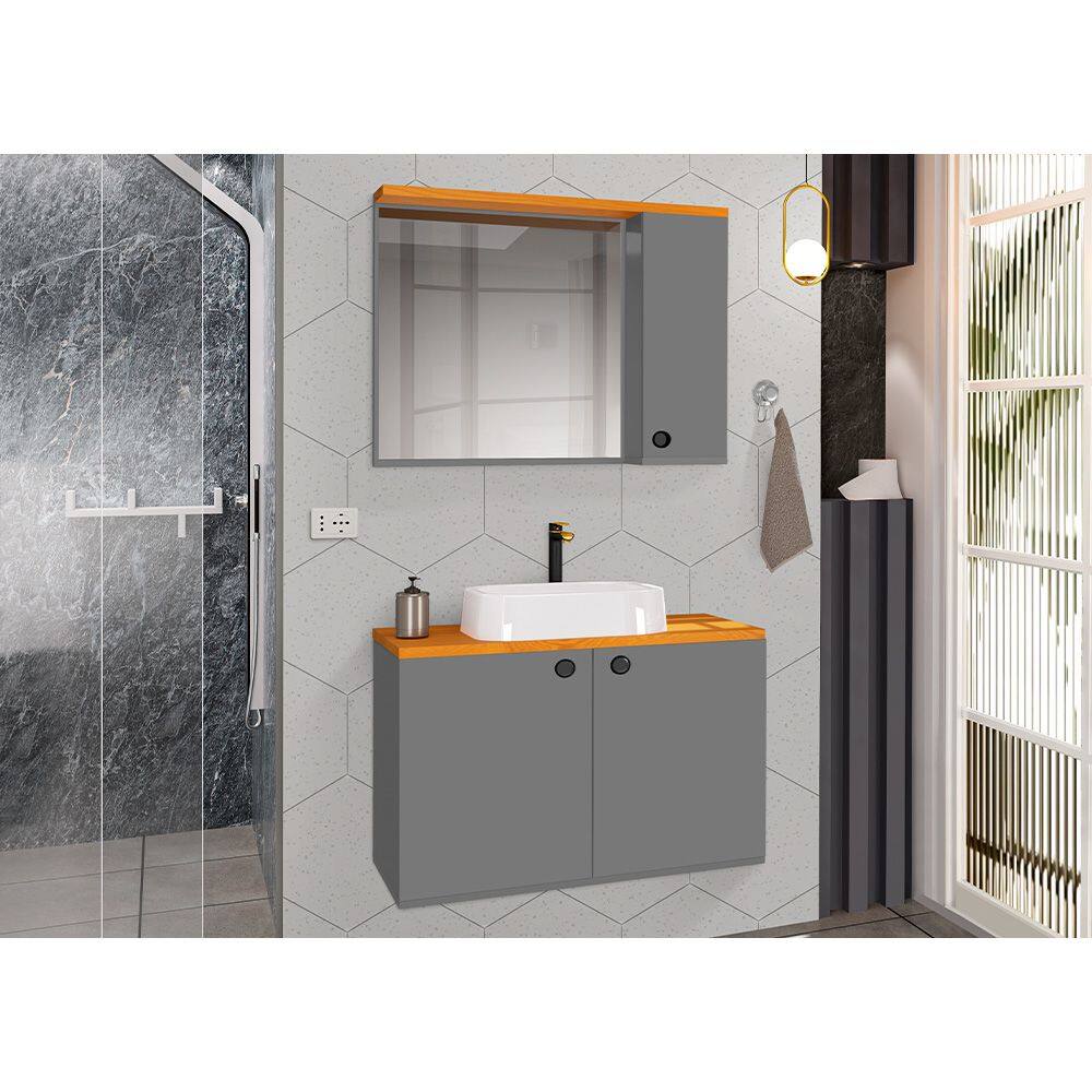 Conjunto para Banheiro Gabinete Suspenso com Cuba e Espelheira Madri Cinza