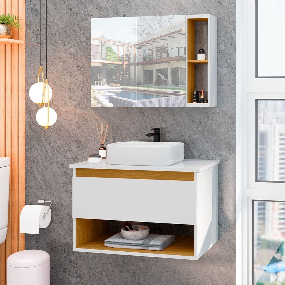 Conjunto para Banheiro Gabinete Suspenso com Cuba e Espelheira Florence Branco