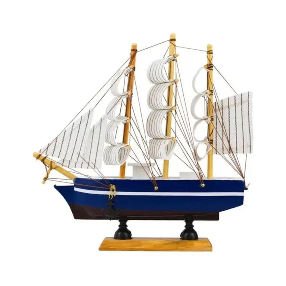 Miniatura Barco Navio de Madeira Veleiro Azul Decorativo 22cm
