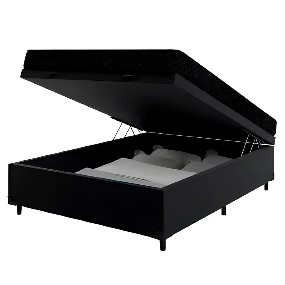 Cama Box Baú Casal 138 Tecido Sintético Preto Com Colchão Extra Firme Espuma Semi Ortopédica D28 Preto