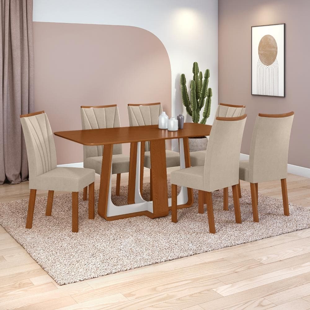 Conjunto Sala de Jantar Mesa Easy Pop 170x90cm Tampo MDF com 6 Cadeiras Confort Veludo Naturale Creme Frassino/Off White