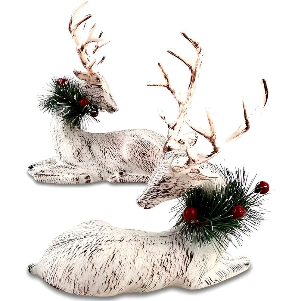 Boneco Decorativo Rena Deitada Branca Enfeite De Natal 20cm