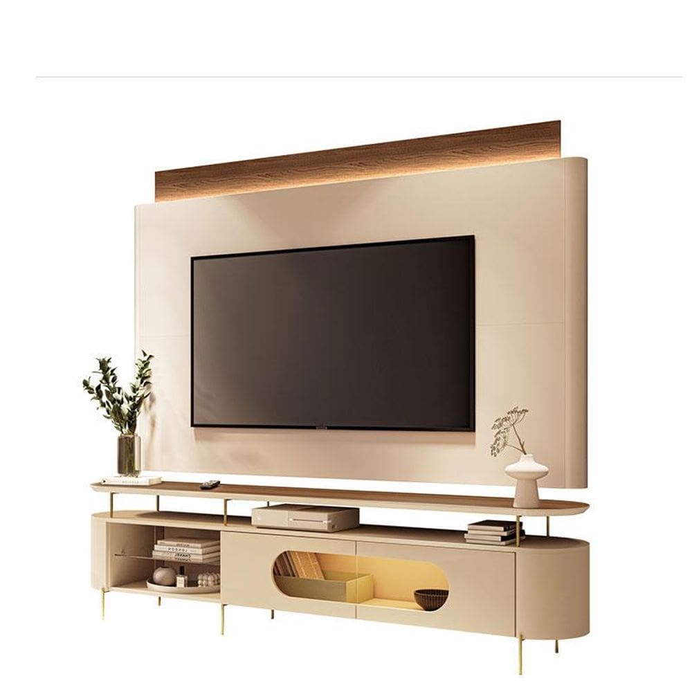 Rack Bancada Ária com Painel Suspenso Nobre Castanho Off White - HB Móveis