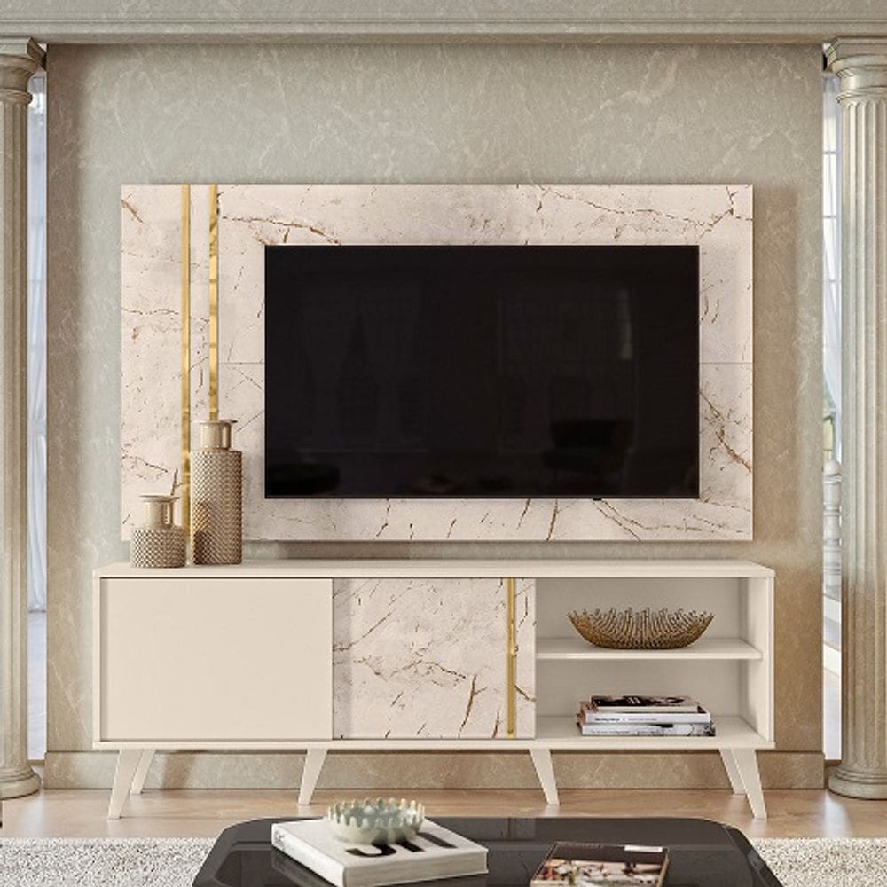 Rack Com Painel Cronos Calacata/Off White - Madetec Móveis