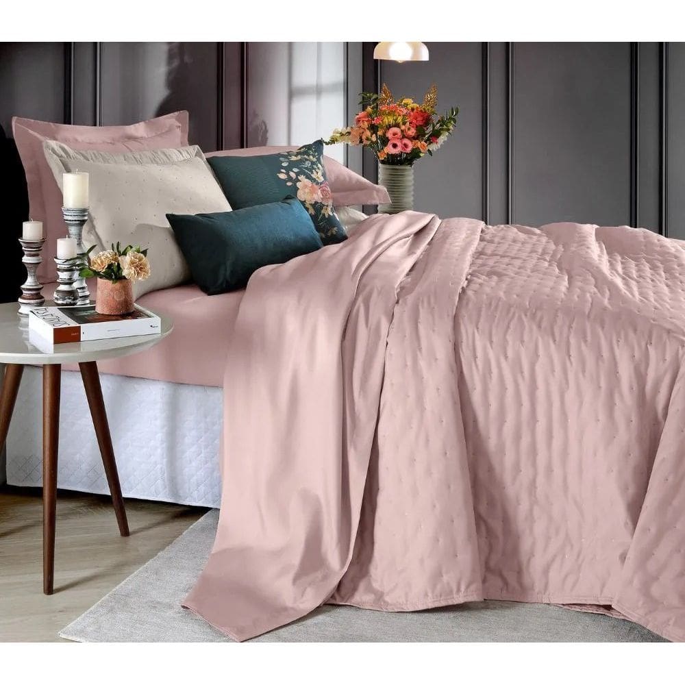Jogo Cobre Leito Toque de Algodão 250 Fios Queen 240x260cm - Rosa Tule