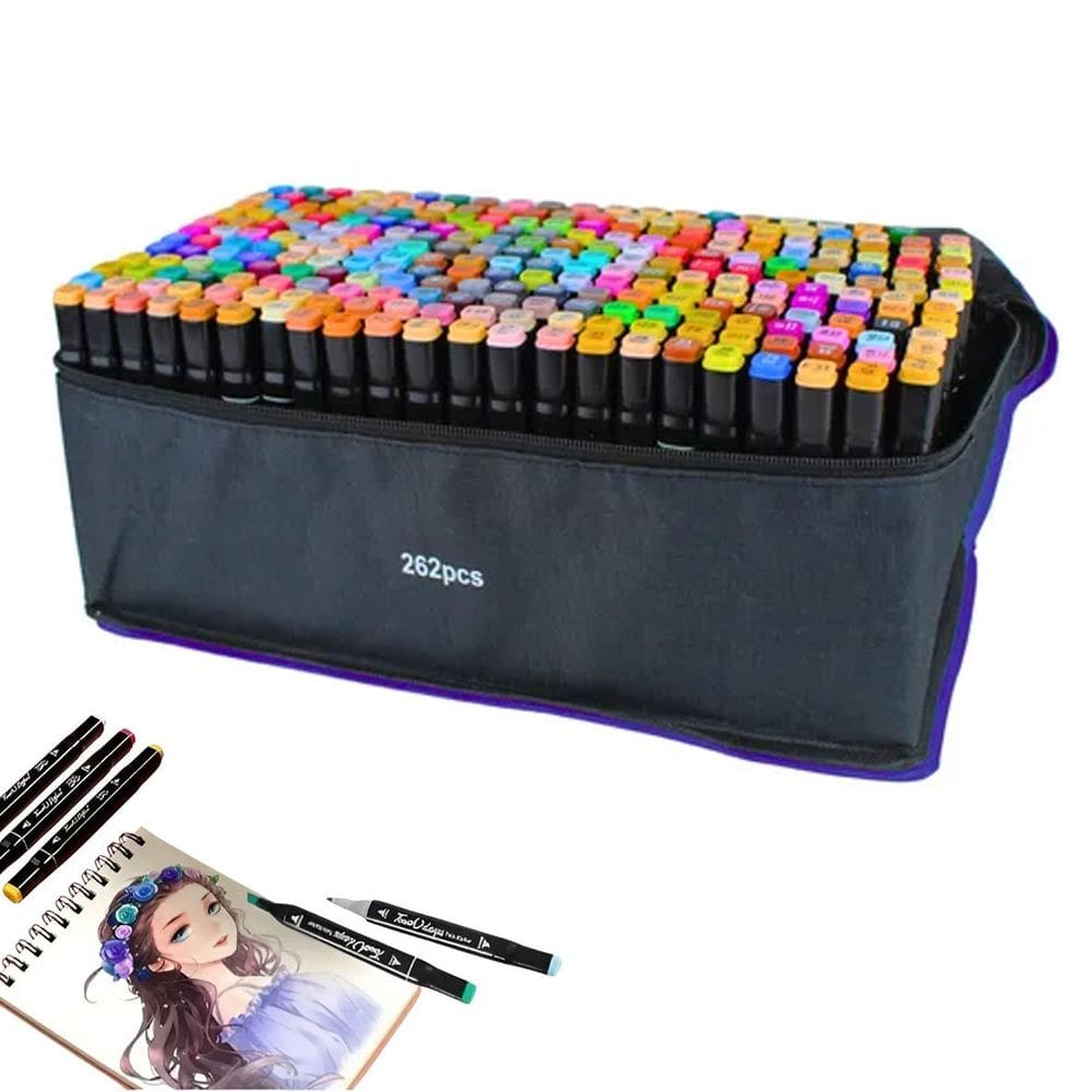 Canetinha Caneta Ponta Dupla 262 Cores Marcador Permanente Bolsa Estojo Duas Pontas Arte Pintura Desenho Cartaz Lazer