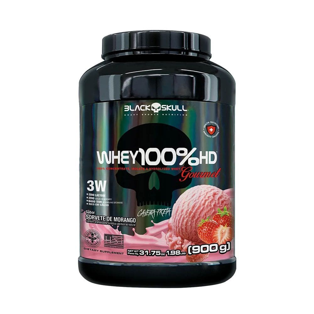 Whey 100 HD Gourmet Black Skull 900G Sabor Sorvete de Morango