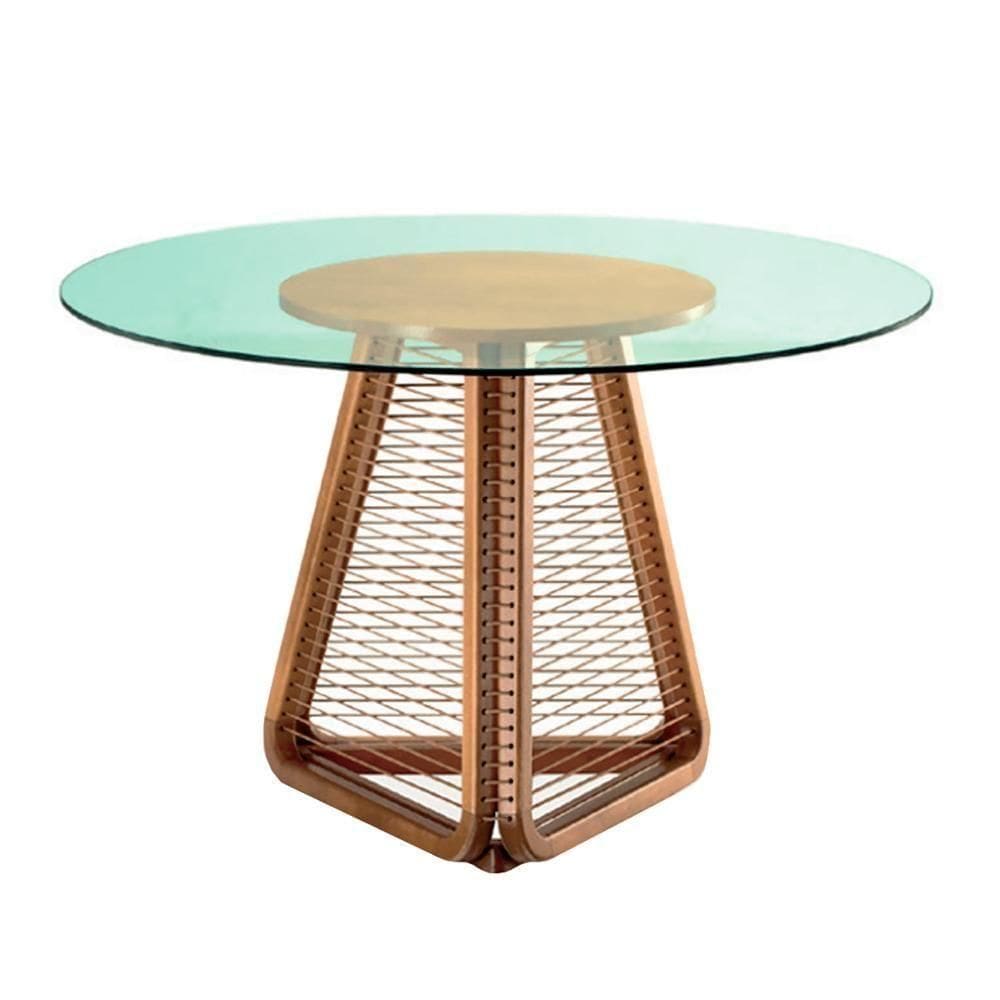 Mesa De Jantar Coss Ozki 120 Cm Madeira Eucalipto Cedro Redonda Corda Redonda Canela E Tampo De Vidr