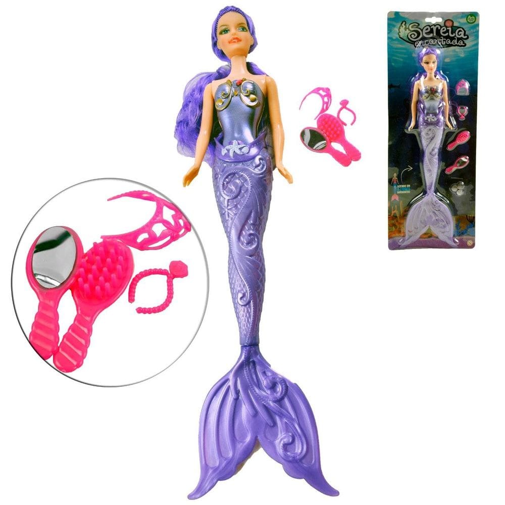 Boneca Sereia com Acessórios LUZ 5 Peças Encantada - Tudo em Caixa