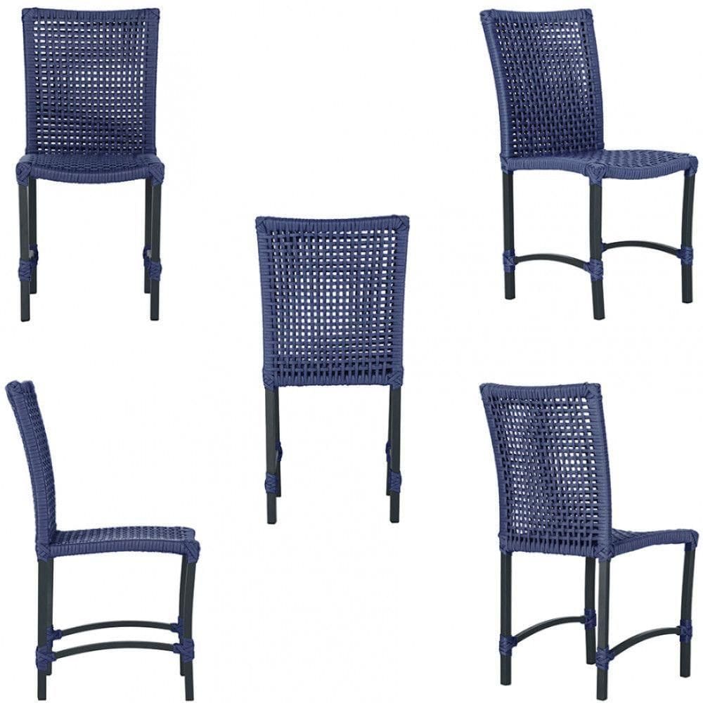 6 Cadeiras De Jantar Cannes De Alumínio Pintura Preta Trama Azul