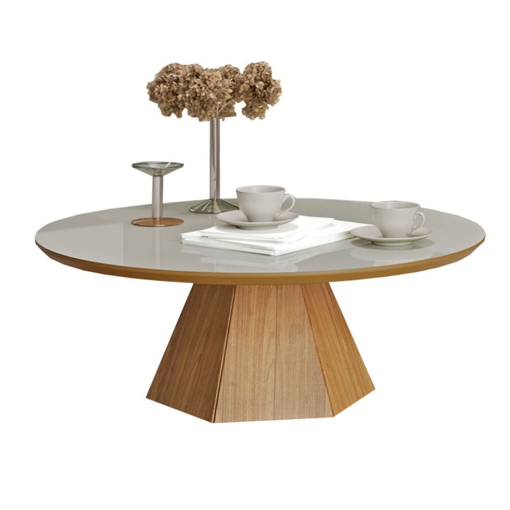 Mesa De Centro Pe Hexagonal 90Cm Mdf Off White Freijó