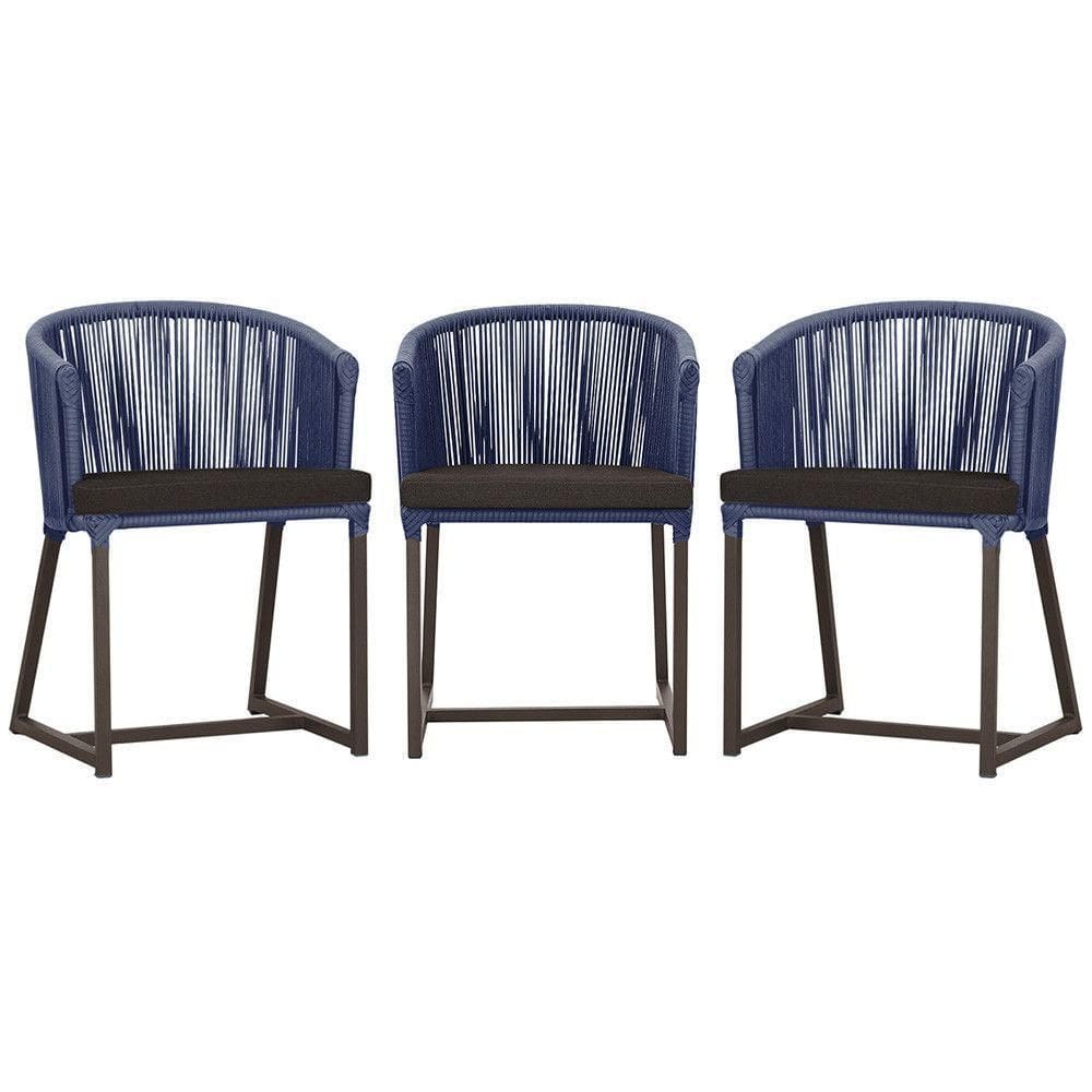 3 Cadeiras De Jantar Noronha Marrom Corda Náutica E9 Trama Azul