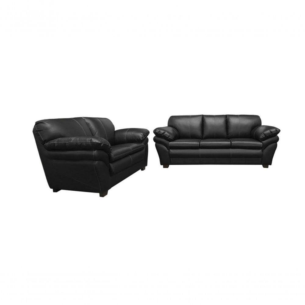Conjunto Sofá De Couro Gana 3 E 2 Lugares Preto Pigmentado - Mempra Design