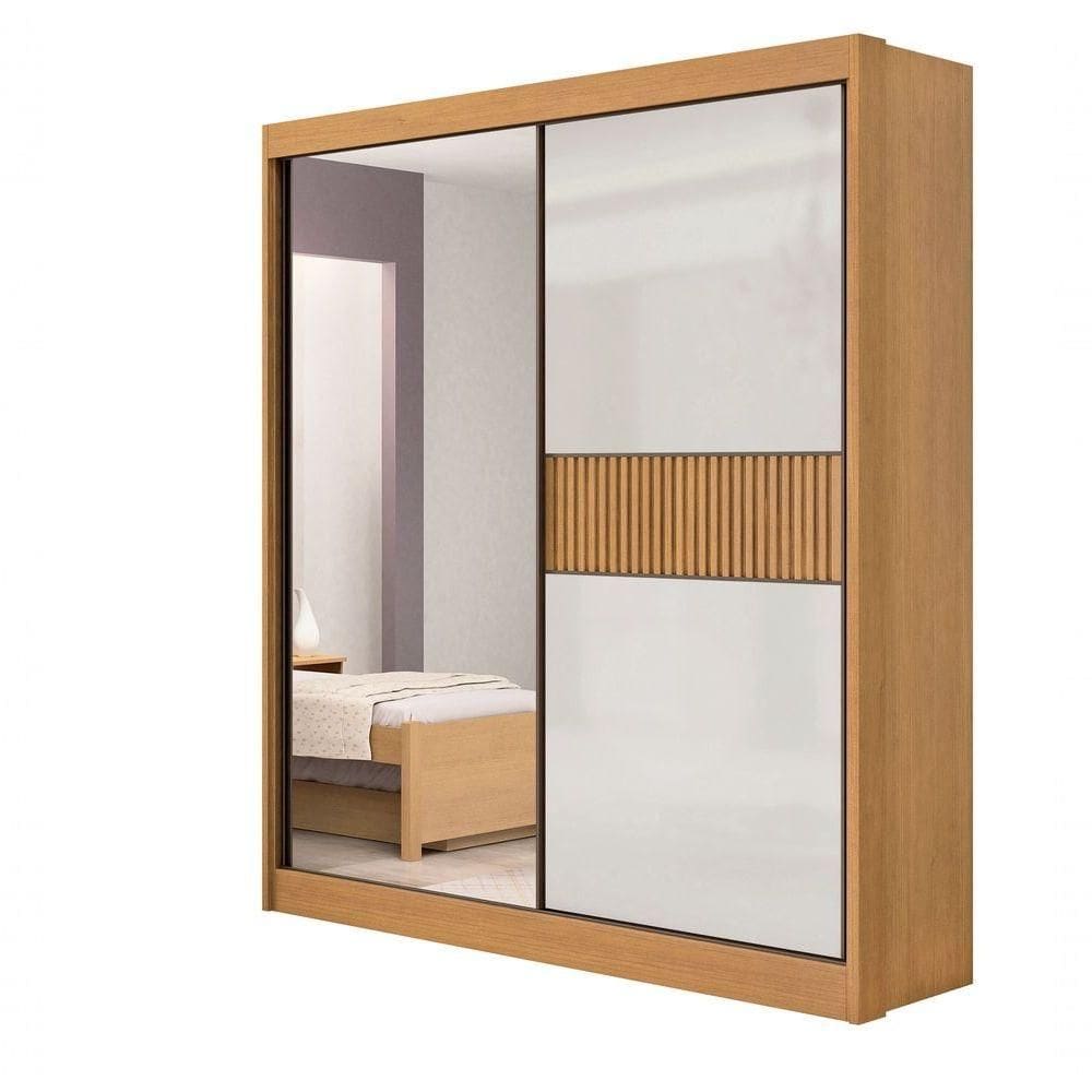 Guarda Roupa Casal Athenas 2 Portas Ripado 3 Gavetas Com Espelho Com Pés - D` Doro Cinamomo/off White/ripado