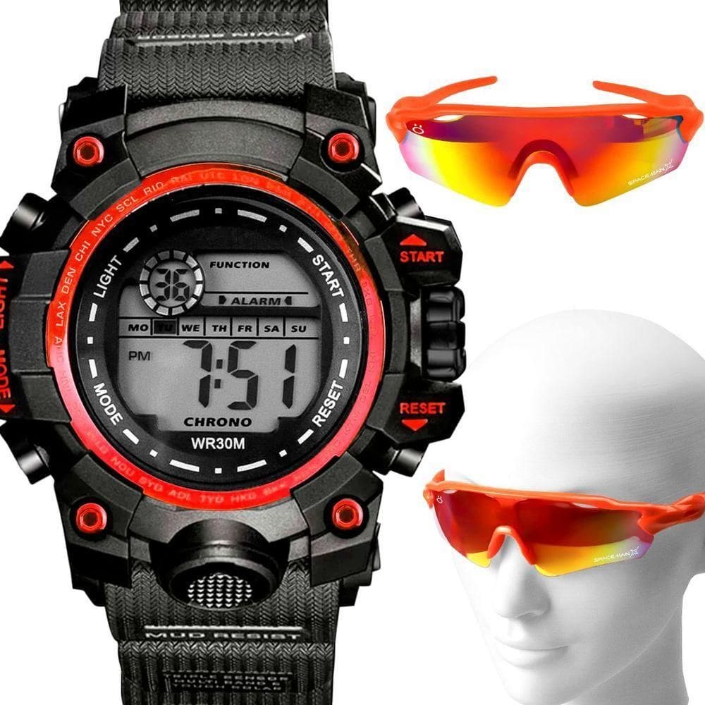 Relogio Masculino Prova Dagua Digital + Oculos Protecao Uv Esportivo Pulseira Ajustavel Acetato Bike
