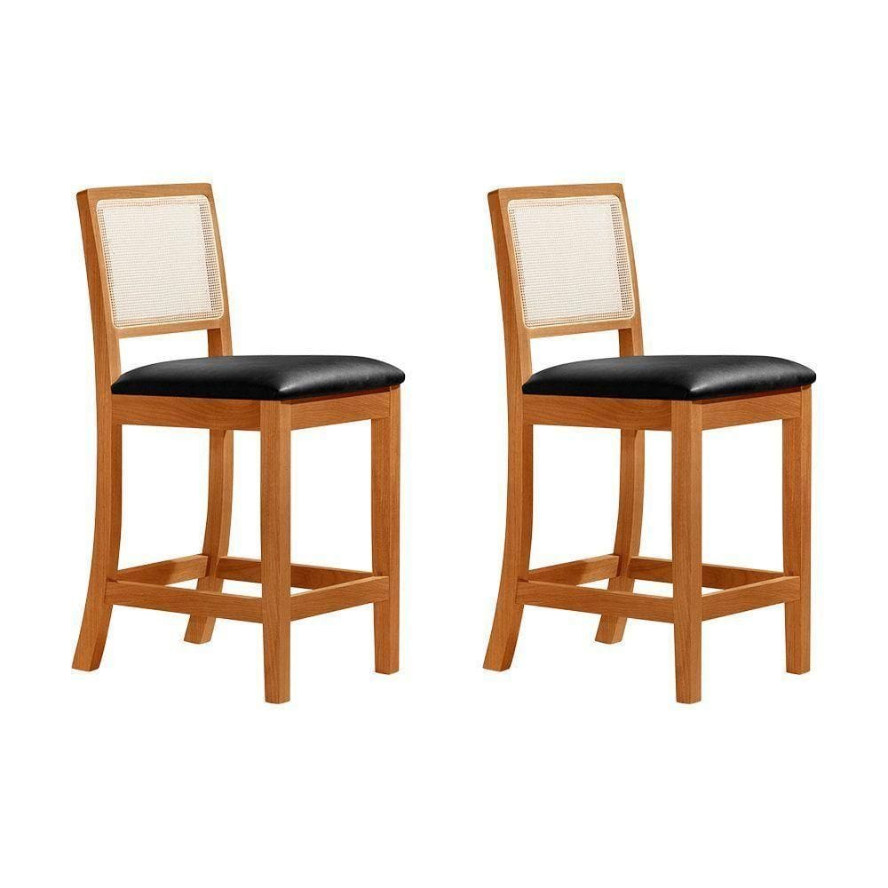 Kit 2 Banquetas Altas Luxo Em Tela Sextavadas Assento Estofado Couro Pu Preto Rubi Madeira Maciça Me