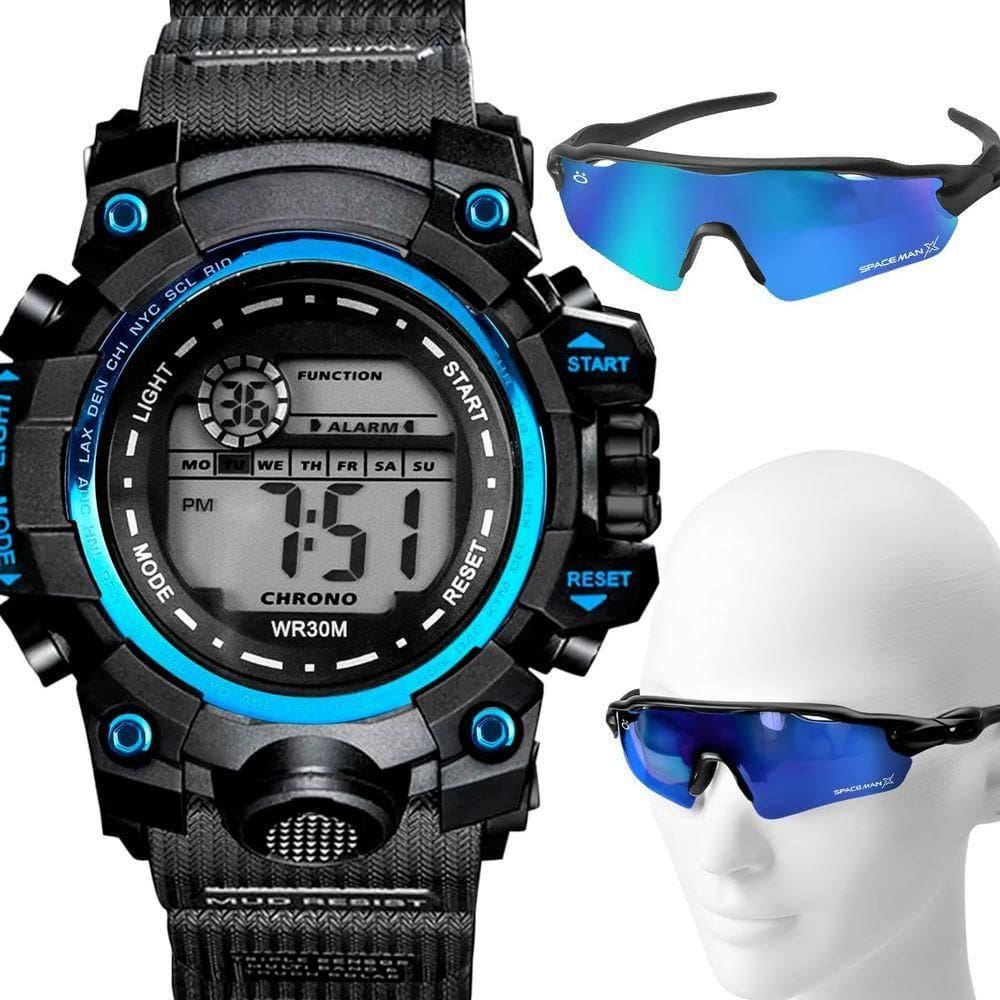 Relogio Prova Dagua Masculino Digital + Oculos Proteção Uv Resistente Azul Acetato Presente Data