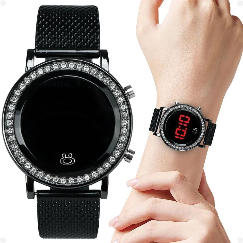 Relogio Feminino Digital Aco Led Strass Ajustavel Presente