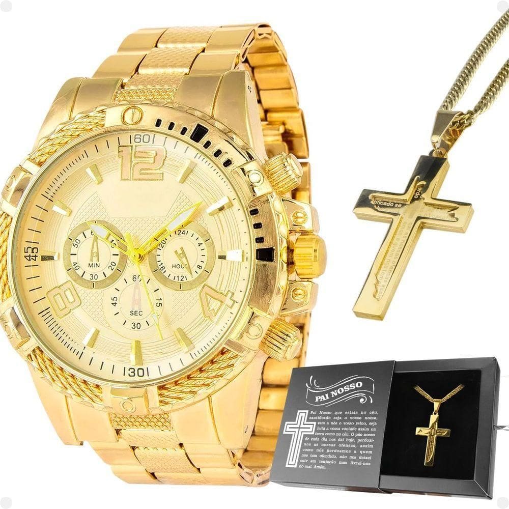 Relogio Masculino Banhado Aço + Cordão Crucifixo + Caixa Pallyjane