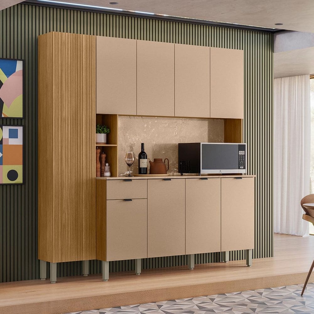 Armário de Cozinha Compacta Pulse 8 Portas e 1 Gaveta em MDP Freijó/Vanilla/CP-Riscatto Freijó - Kits Paraná