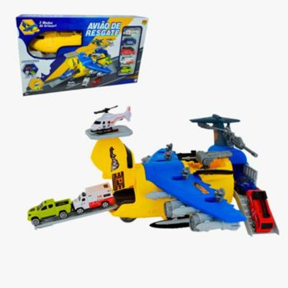 Aviao de Resgate com 1 Helicoptero e 4 Carrinhos DM Toys Brinquedo Infantil Recreativo