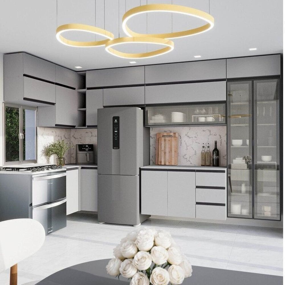Cozinha Modulada 15 Peças 11 Aéreos 3 Balcões 1 Cristaleira Nara Cabecasa Madeiramadeira Cinza Claro