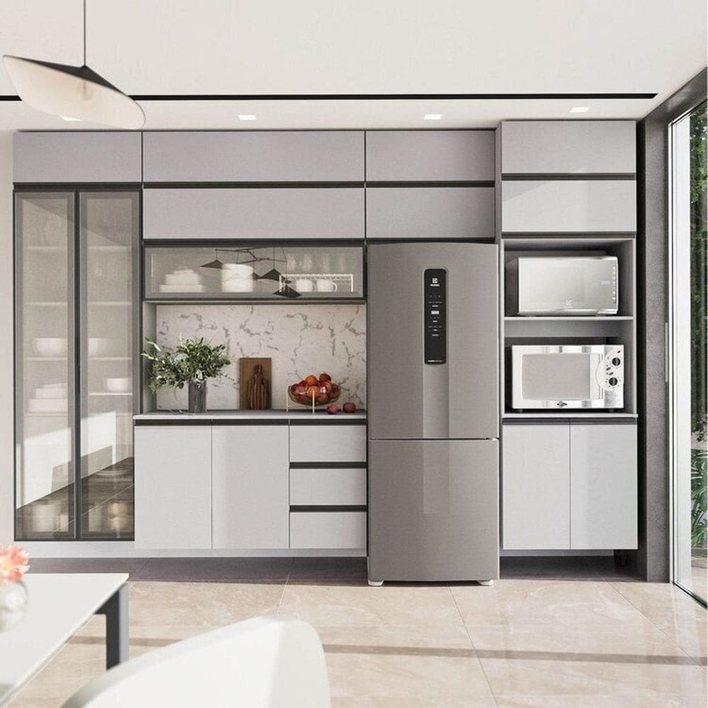 Cozinha Modulada 10 Peças 7 Aéreos 1 Balcão 1 Torre 1 Cristaleira Nara Cabecasa Madeiramadeira Cinza Claro