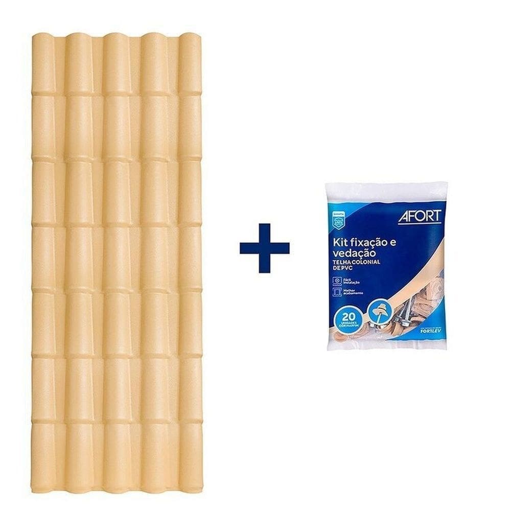 Kit com 5 Telhas de Pvc Colonial 2,62 X 0,86 X 2.0 Mm 5 Ondas com 3 Kit Fixação e Vedação afort Bege