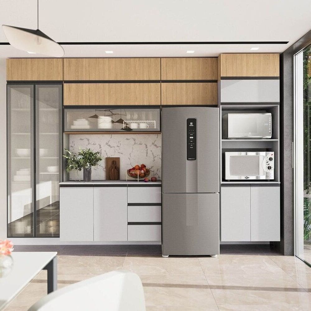 Cozinha Modulada 10 Peças 7 Aéreos 1 Balcão 1 Torre 1 Cristaleira Nara Cabecasa Madeiramadeira Avena/Cinza Claro