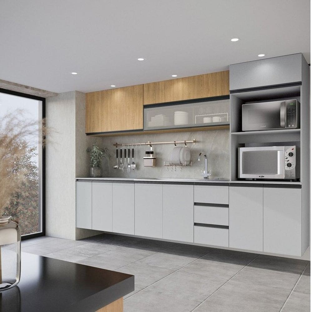 Cozinha Modulada 8 Peças 4 Aéreos 3 Balcões 1 Torre Quente Nara Cabecasa Madeiramadeira Avena/Cinza Claro