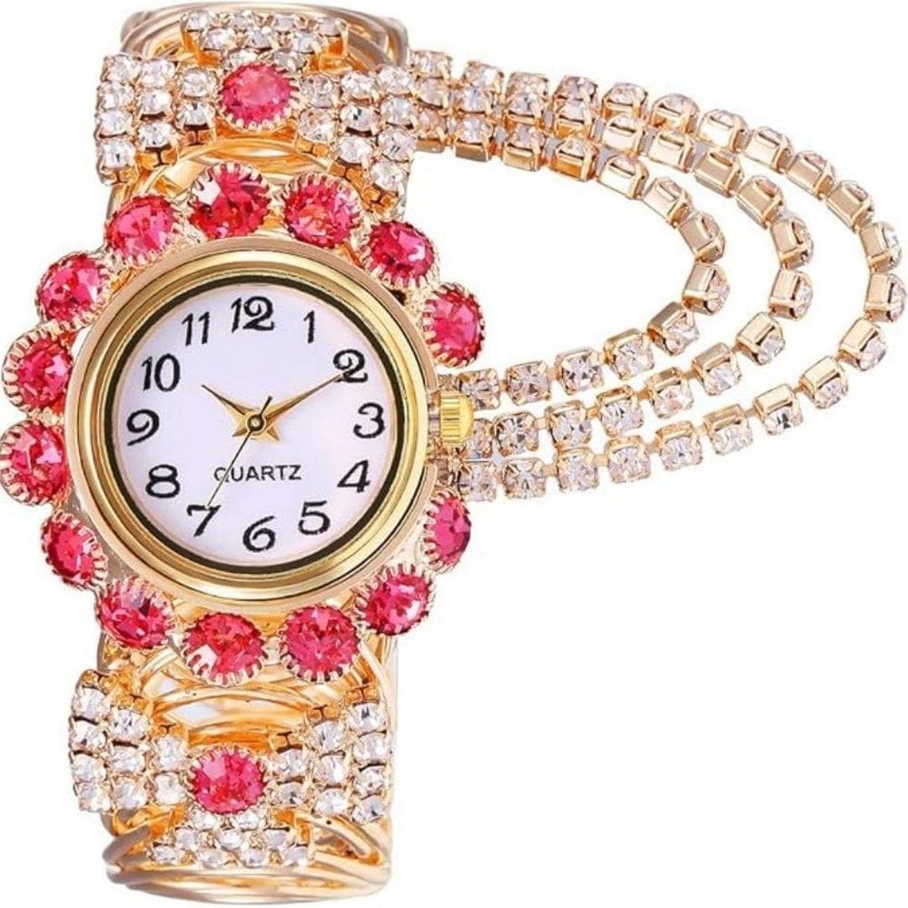 Relógio Feminino Dourado Com Strass Vermelho Quartz