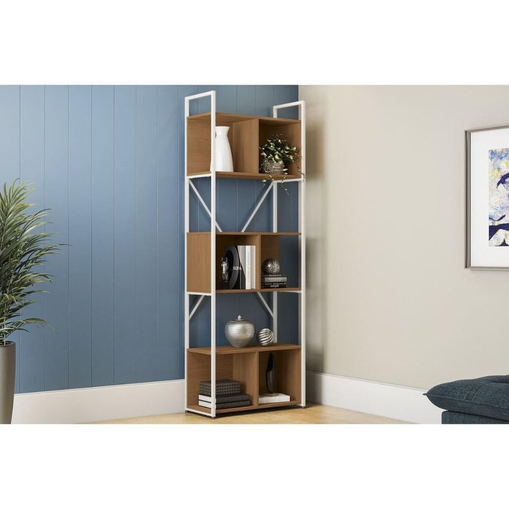 Estante p/ Sala Industrial Alta LI014 c/ 6 Nichos 72x202cm Canela/Branco - Kappesberg