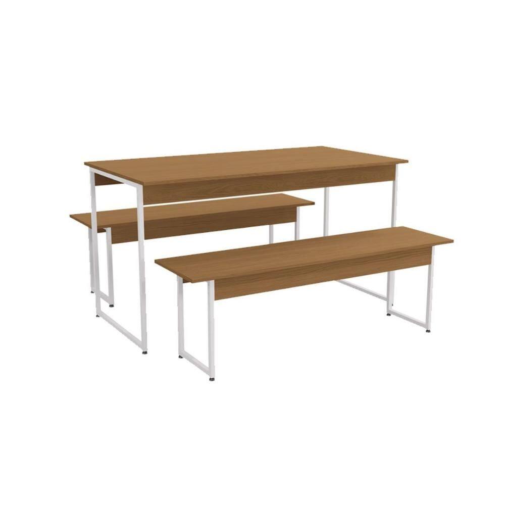 Conjunto: Mesa Sala Jantar Industrial LI013 c/ Tampo Madeirado 136x72cm c/ 2 Bancos Canela/Branco - Kappesberg