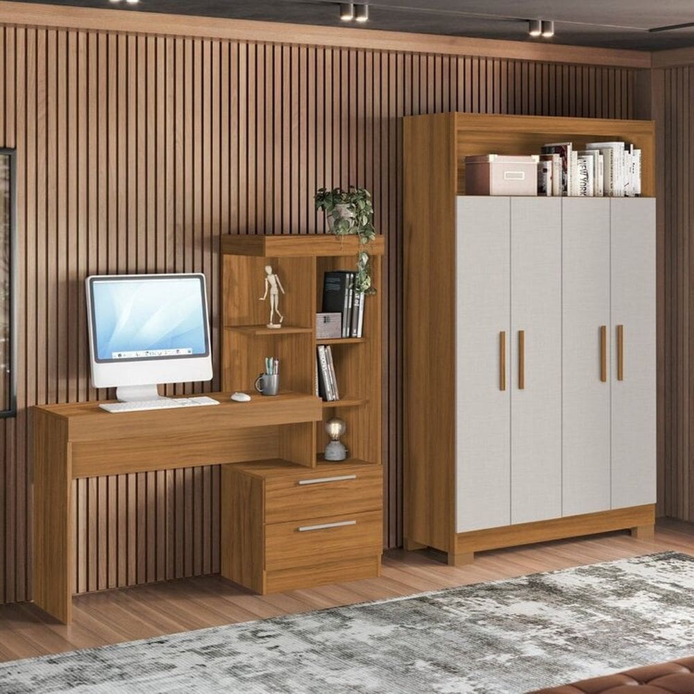 Conjunto com Mesa Escrivaninha e Armário 4 Portas com Nicho Freijó