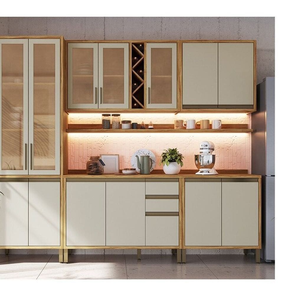 Cozinha Modulada Completa 5 Peças 13 Portas com Vidro e Tampo 100% Mdf Barbados Espresso Móveis Amêndoa/Off White