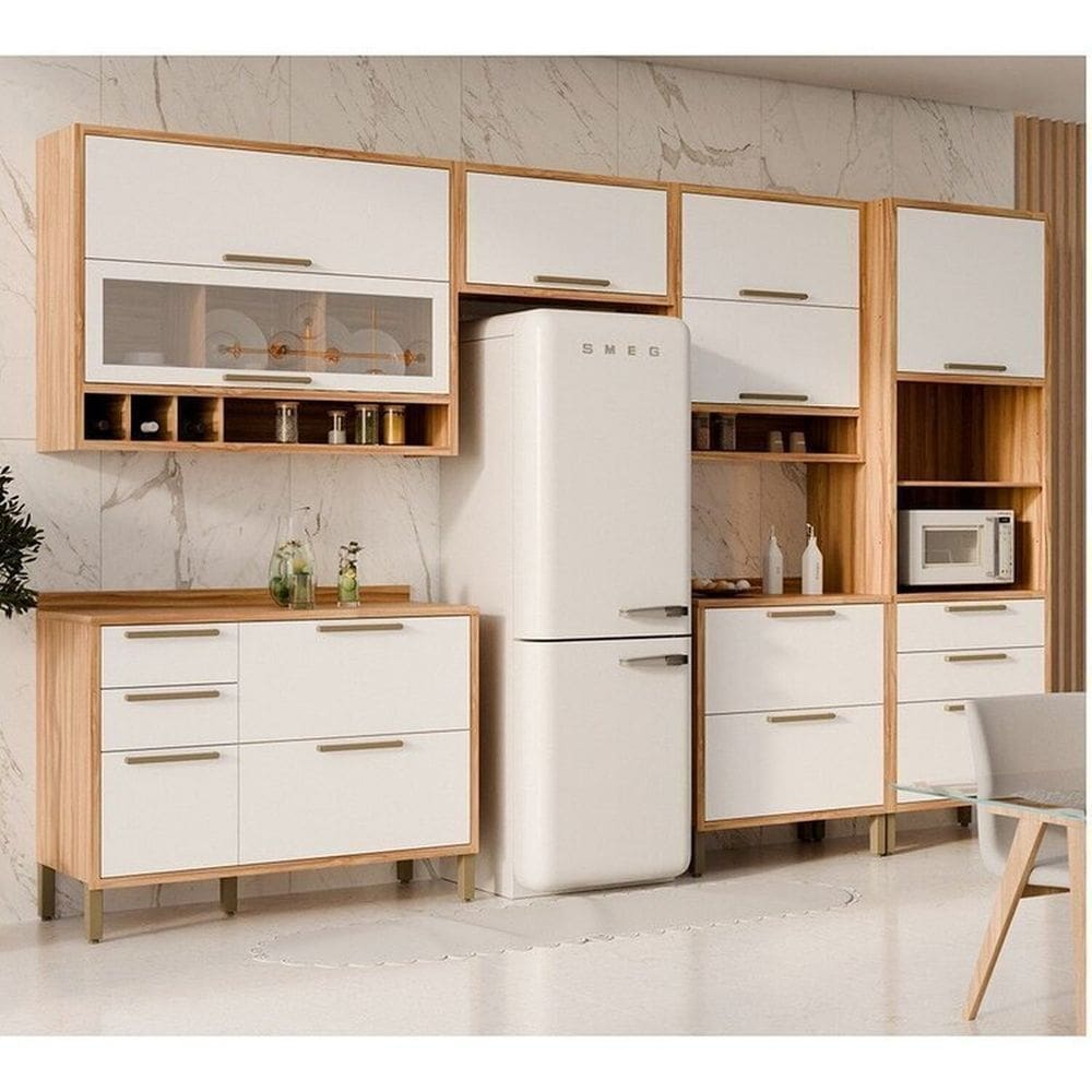 Cozinha Modulada Completa 6 Peças 11 Portas e Vidro Reflecta 354cm 100% Mdf Vicenza Espresso Móveis Amêndoa/Branco