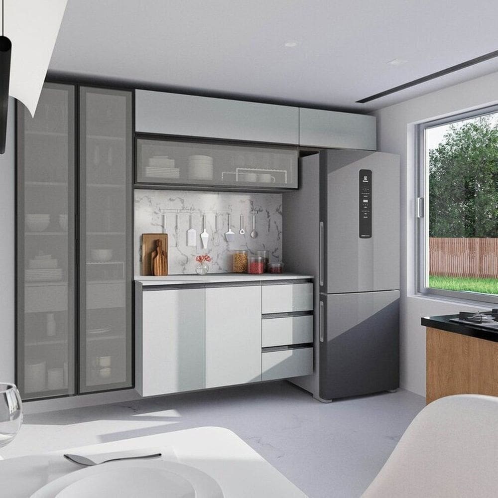 Cozinha Modulada 5 Peças 3 Aéreos 1 Balcão 1 Cristaleira Nara Cabecasa Madeiramadeira Cinza Claro