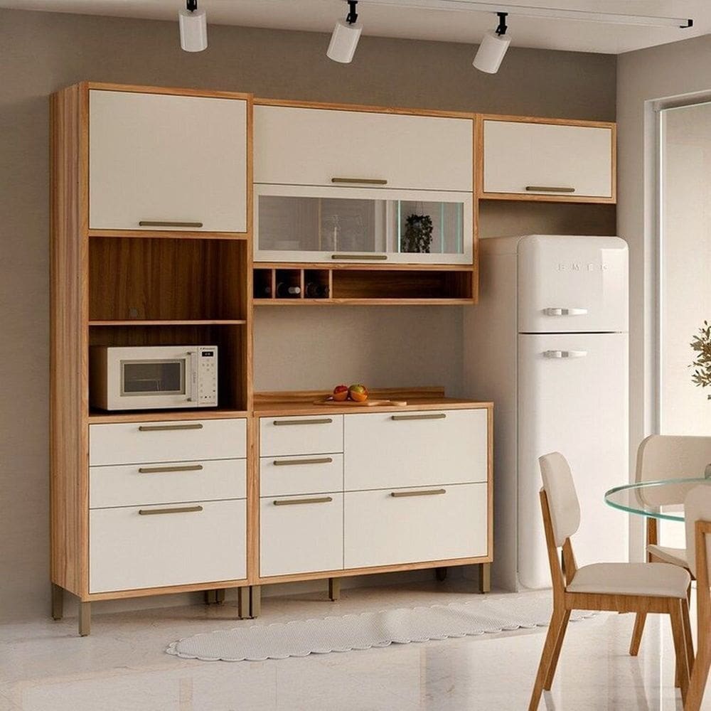 Cozinha Modulada Compacta 4 Peças 7 Portas e Vidro Reflecta 274cm 100% Mdf Vicenza Espresso Móveis Amêndoa/Branco