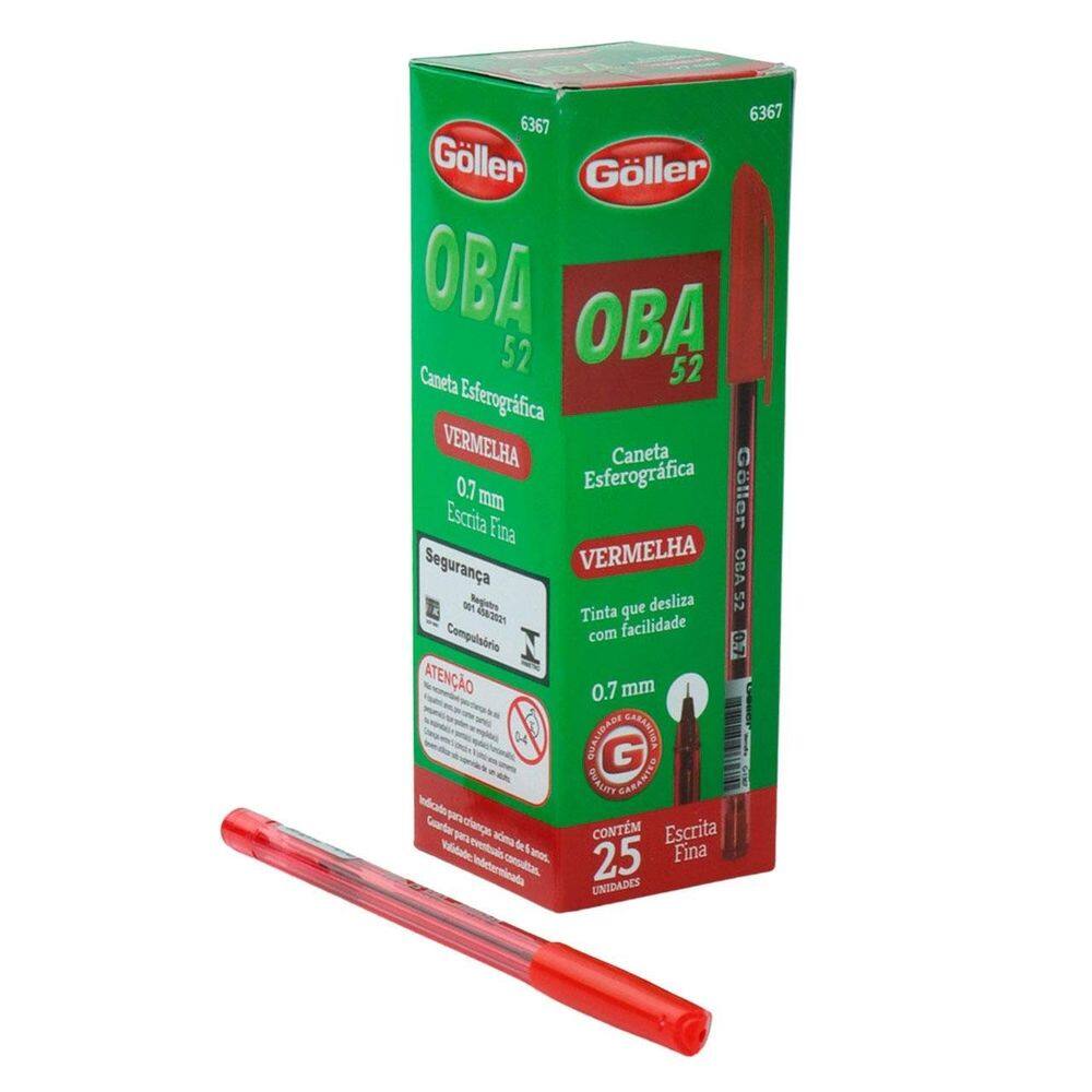 Caneta Esferográfica 25 Pçs 0.7mm OBA Vermelha - Tudo em Caixa