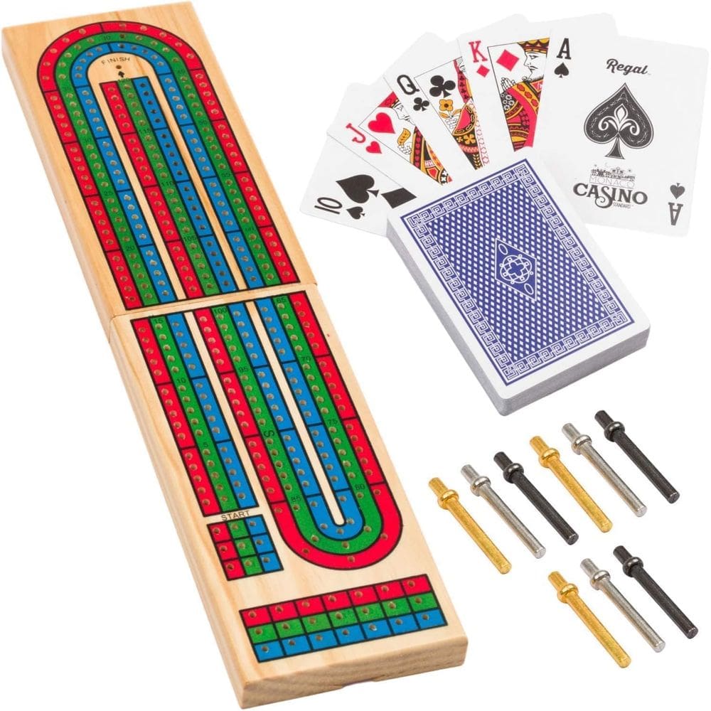 Conjunto de jogos de tabuleiro Cribbage Regal Games com tabuleiro de madeira para armazenamento