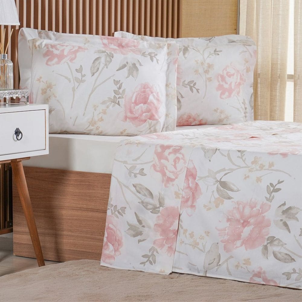 Jogo de Cama Queen 4 Pçs 200 Fios 100% Algodão 160x200x35cm