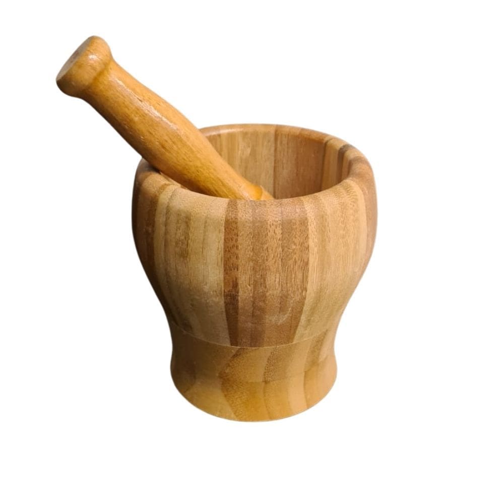 Pilão de Madeira Rústico Bambu Com Socador Reforçado Amaasador Alho Ervas Cozinha Culinária